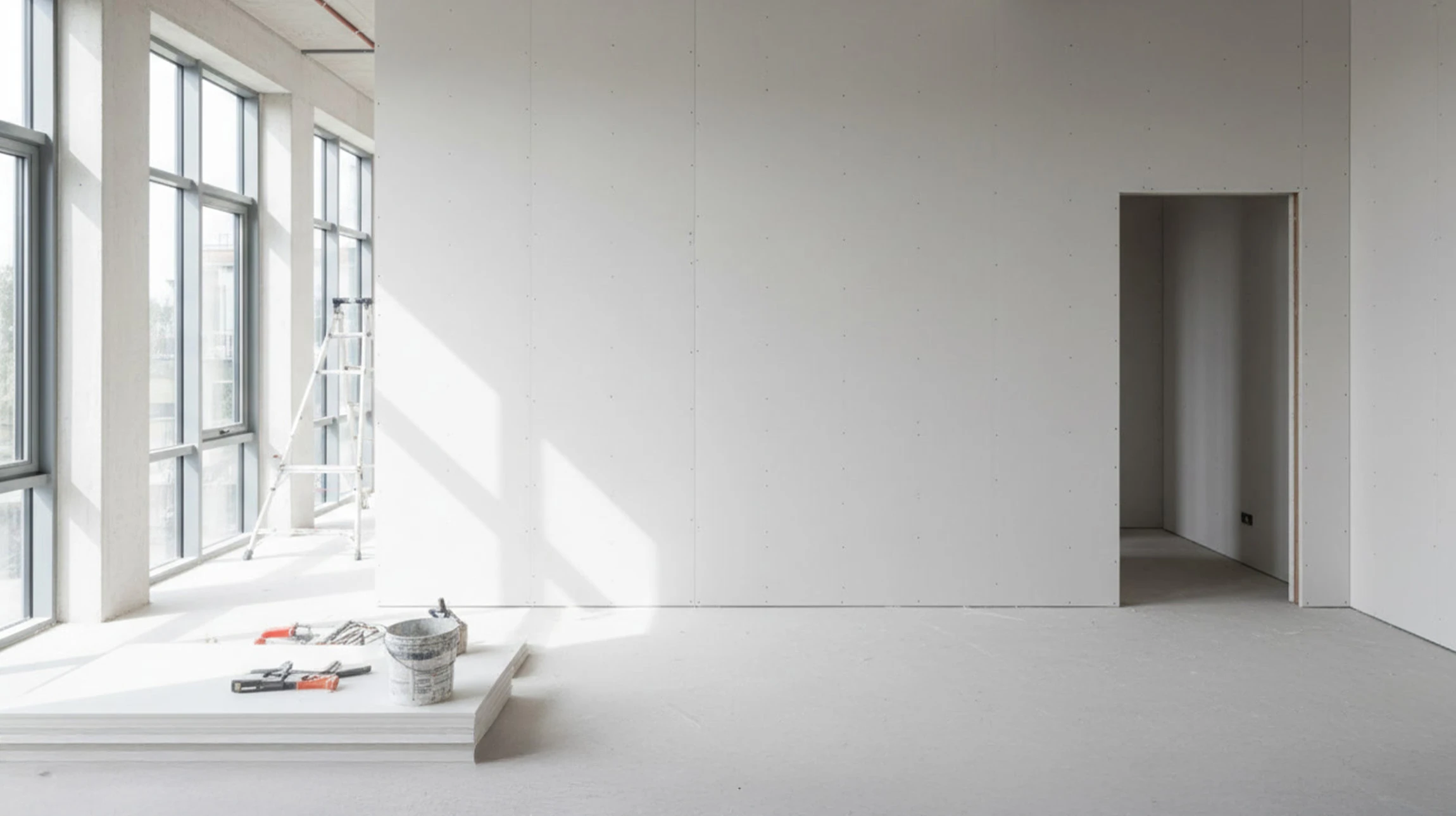 Intérieur moderne minimaliste avec murs blancs et cloisons créant perspectives géométriques