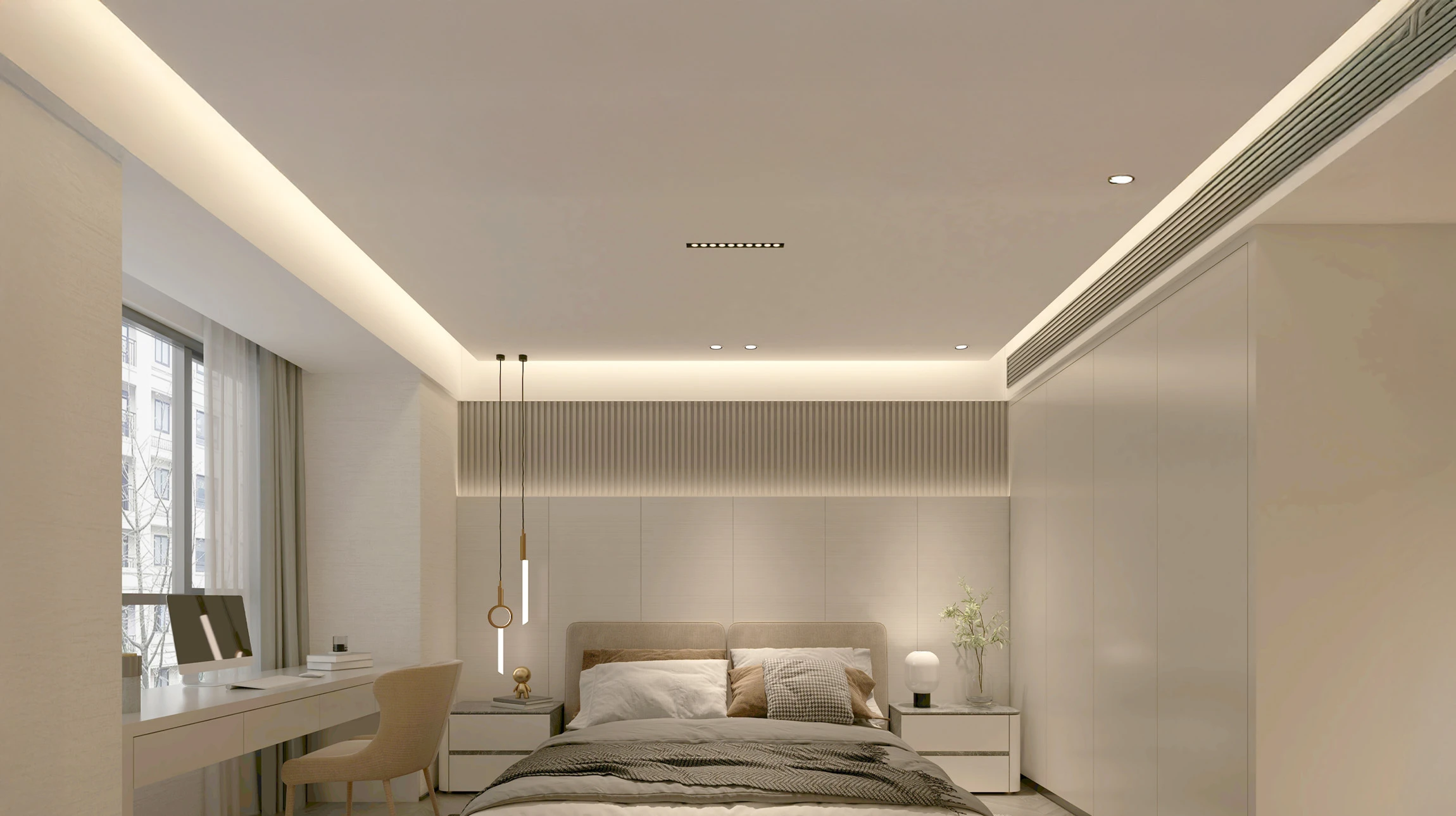 Salon moderne avec canapé blanc, table basse laquée blanche, meuble TV suspendu et écran plat mural